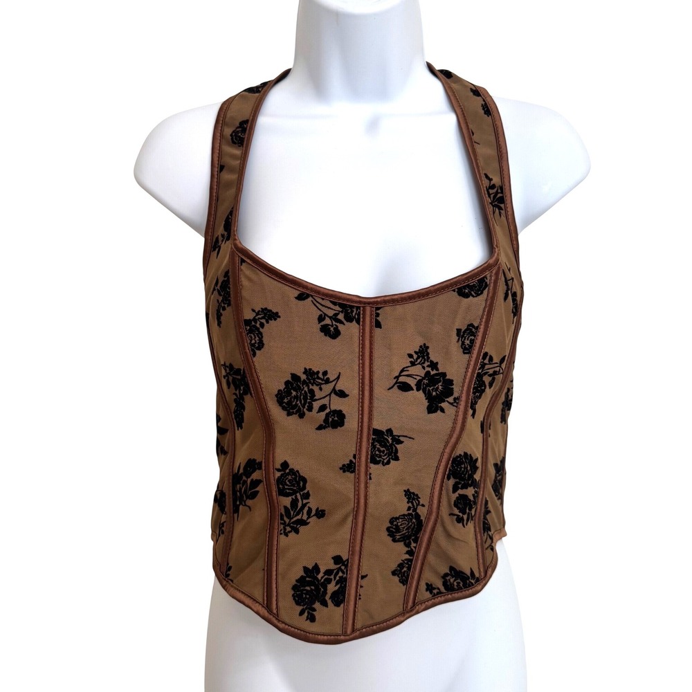 Floral Mesh Corset Top Bronze Black Flocked Rose Lace Up Back Halter XL